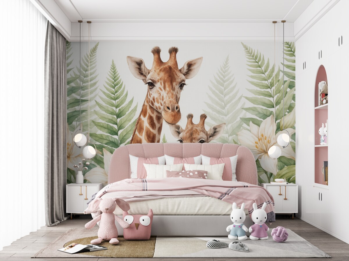 Fototapeta Żyrafy w liściach fernów imitacja akwareli.