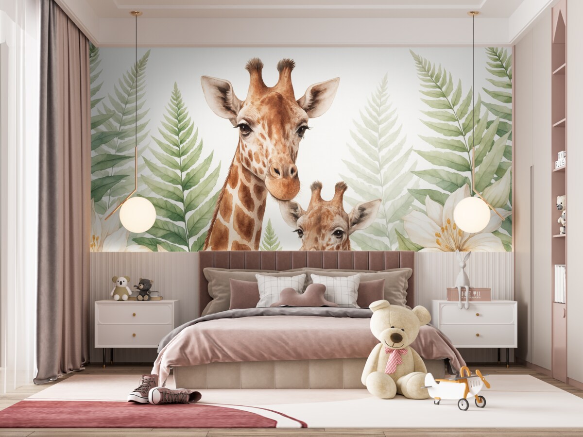 Fototapeta Żyrafy w liściach fernów imitacja akwareli.