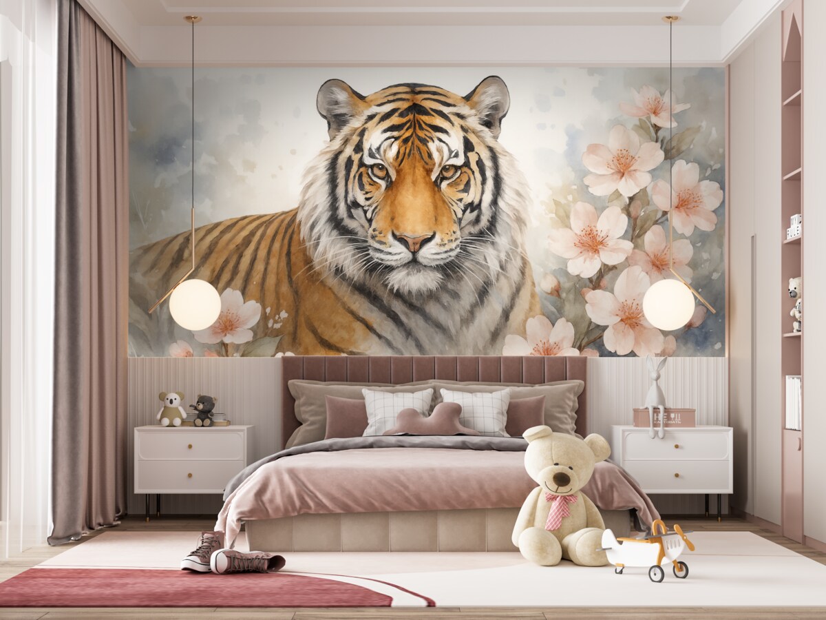 Fototapeta Abstrakcyjny tygrys w roślinności przypominający akwarelę.