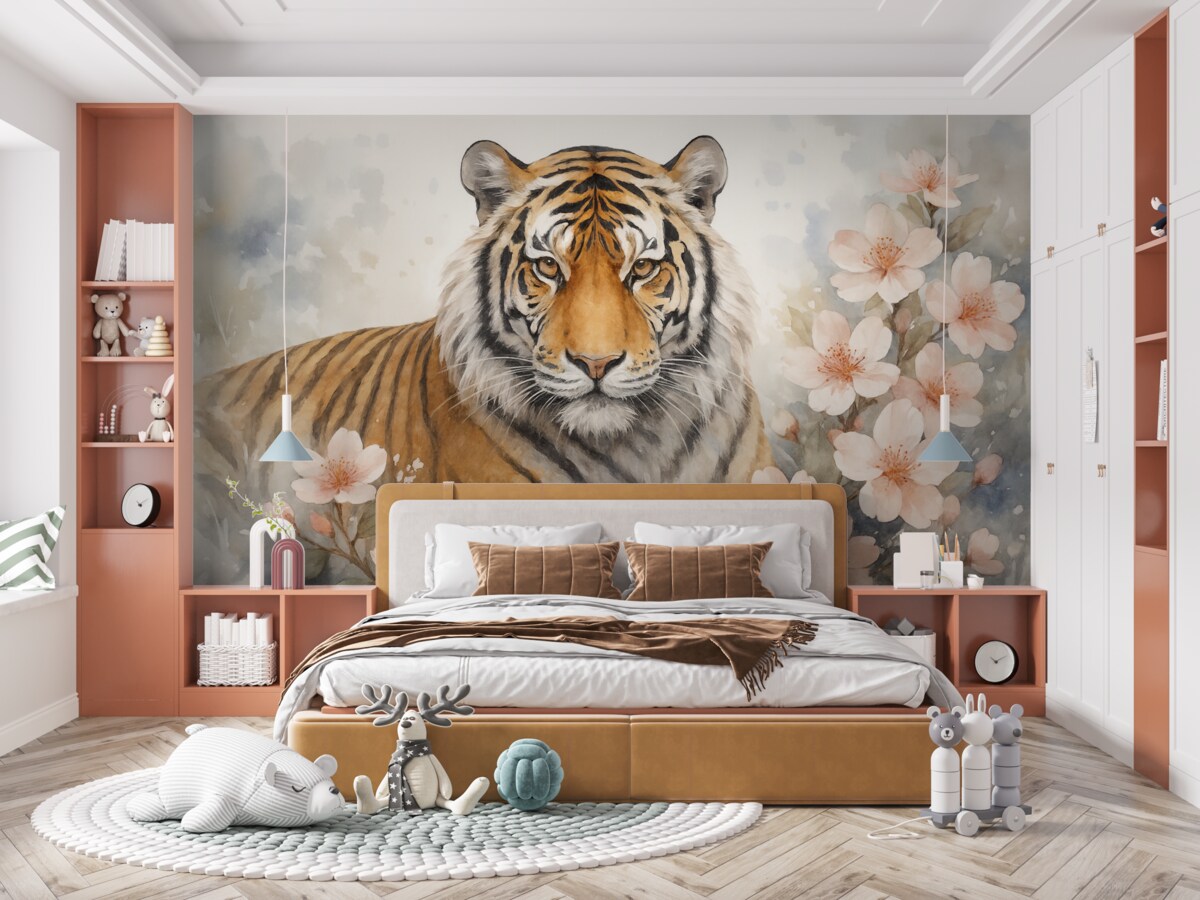 Fototapeta Abstrakcyjny tygrys w roślinności przypominający akwarelę.