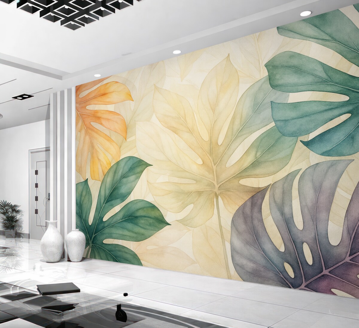 Fototapeta Abstrakcyjna akwarela naśladująca tropikalne liście.