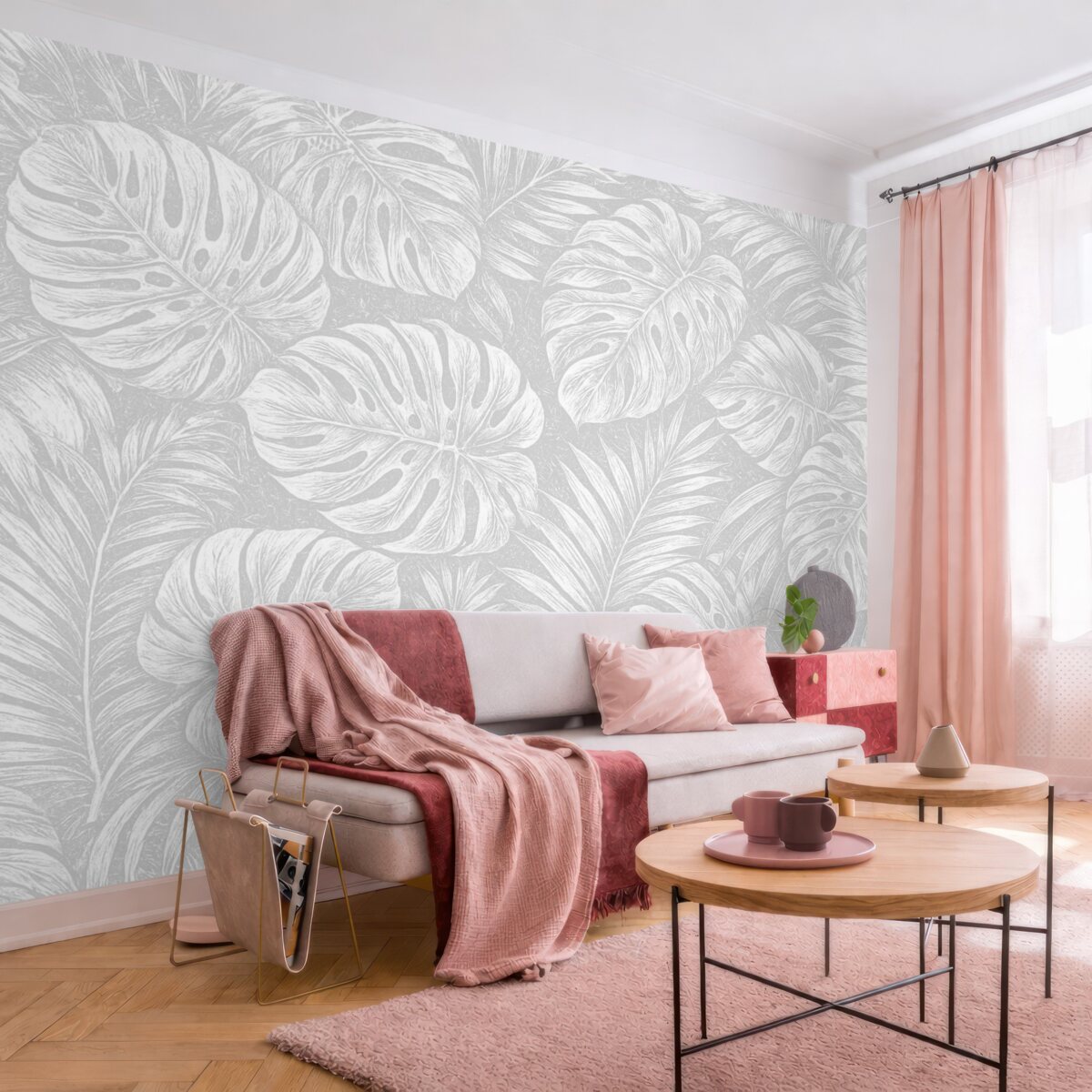 Fototapeta Białe kontury liści na wzorzystym tle.