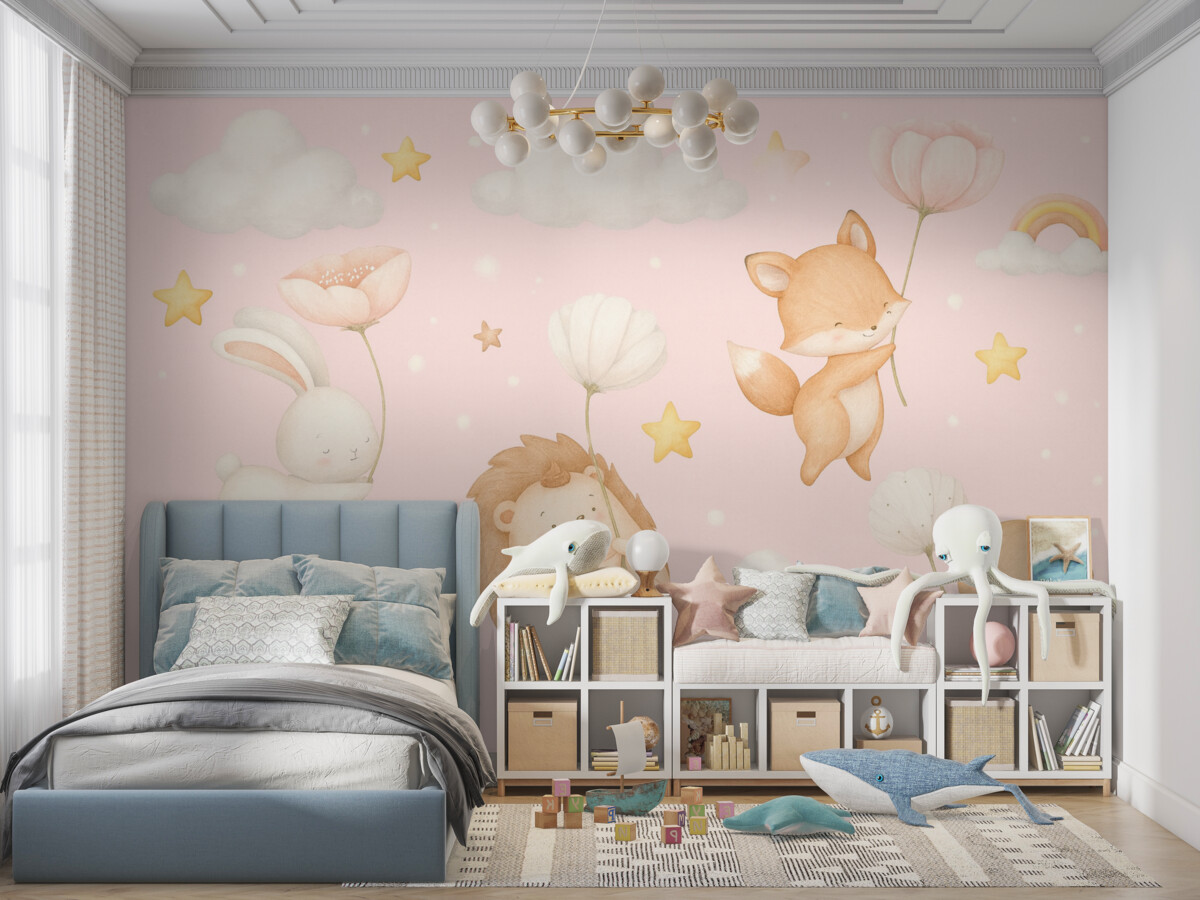 Fototapeta Zwierzęta z roślinami na różowym tle.