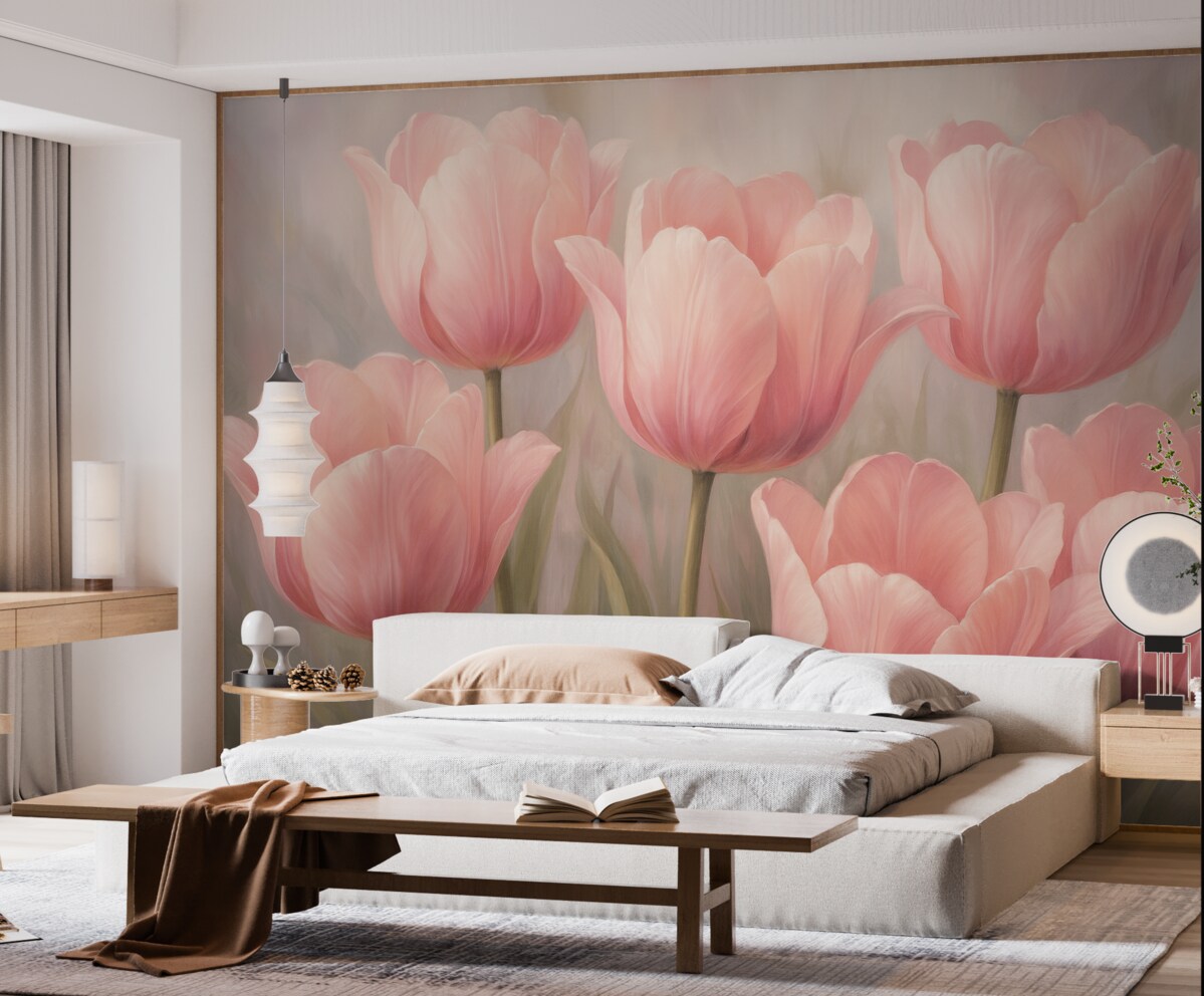 Fototapeta Subtelne różowe tulipany na jasnym, zamglonym tle.