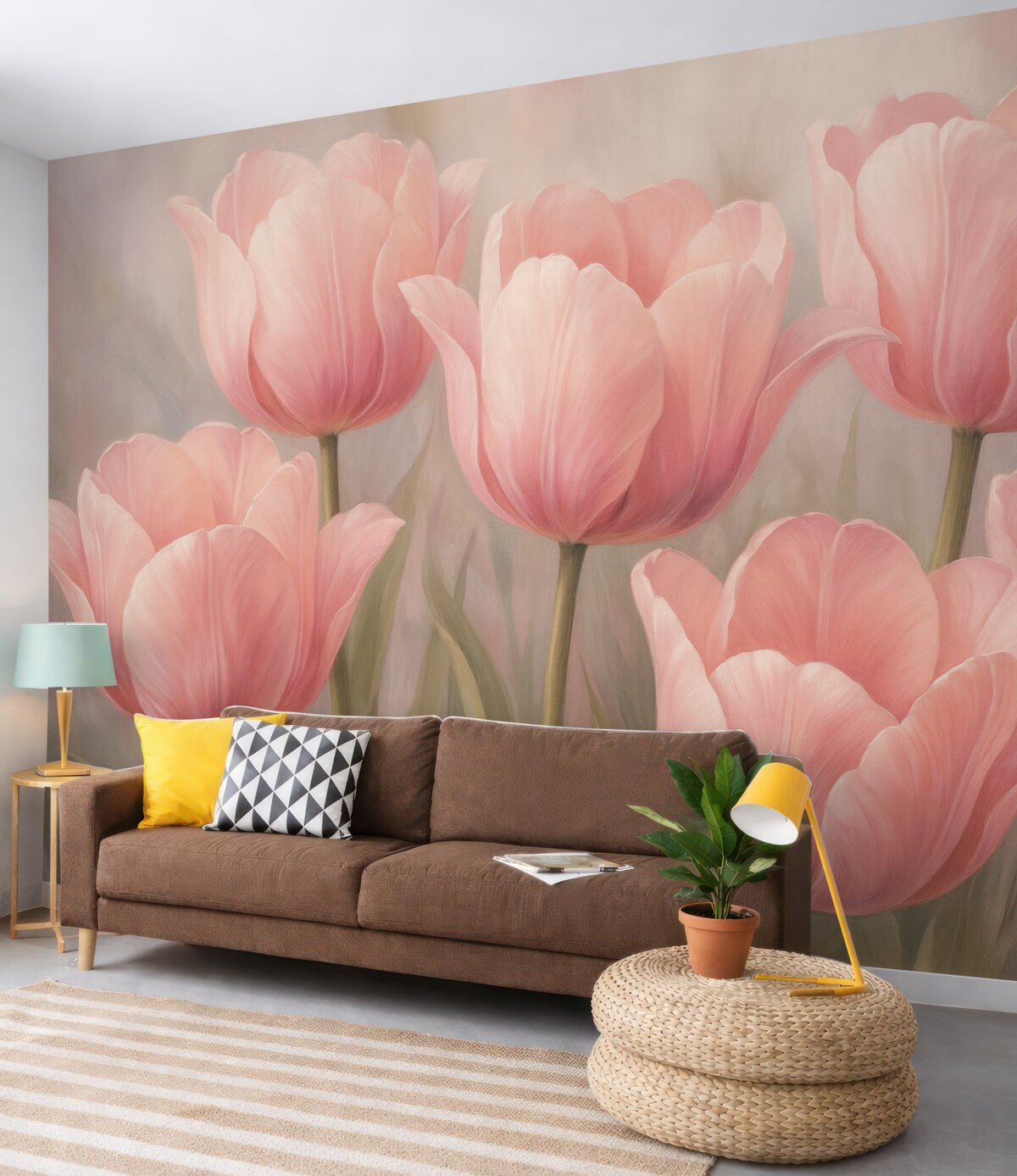 Fototapeta Subtelne różowe tulipany na jasnym, zamglonym tle.