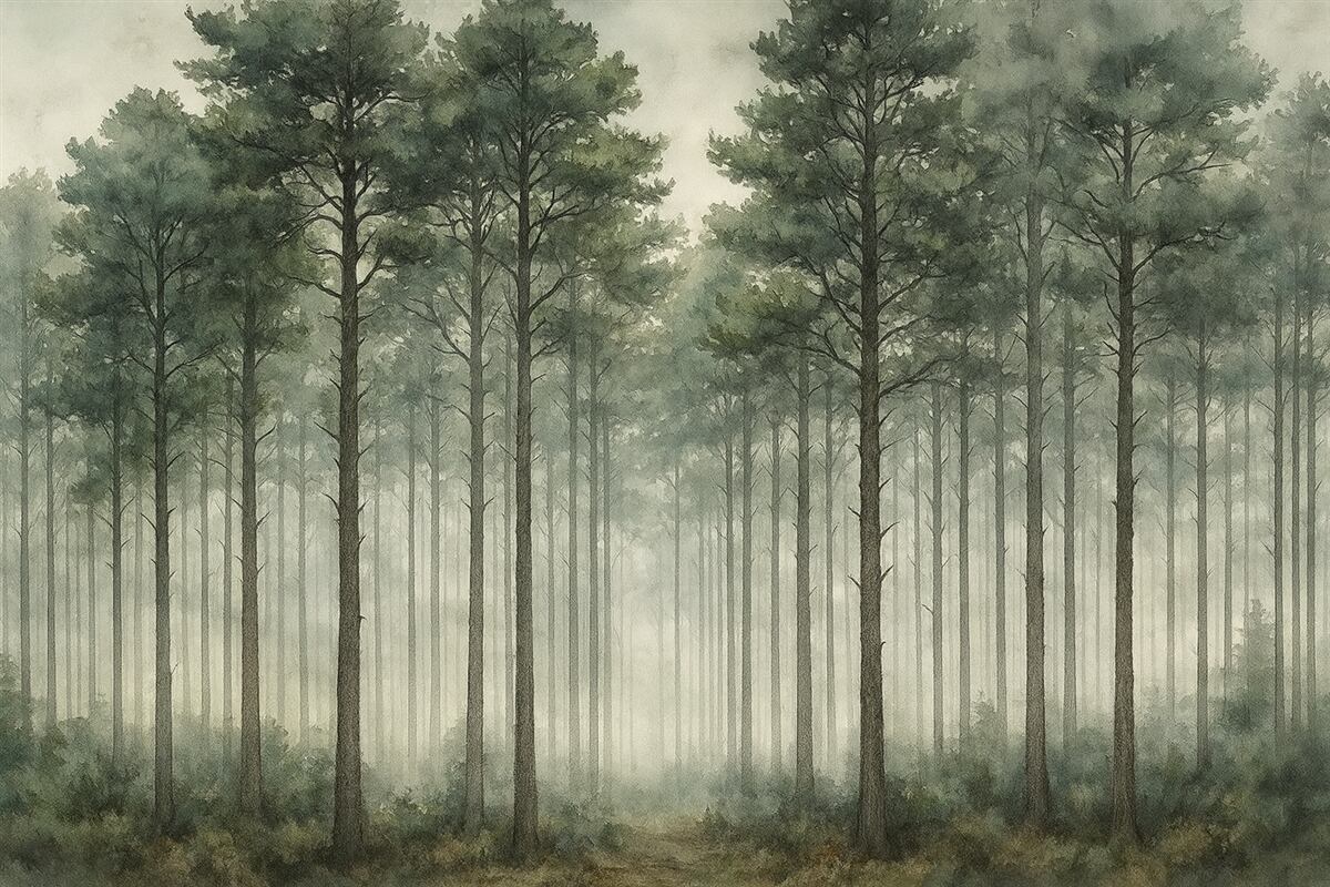 Fototapeta Las w technice akwarelowej, sosny, pejzaż natury, zielenie.