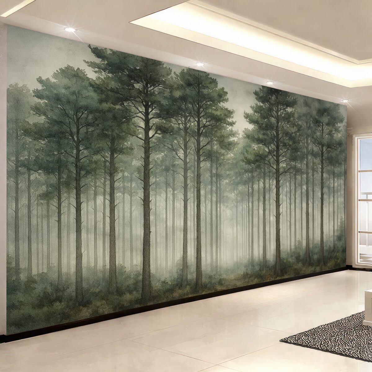 Fototapeta Las w technice akwarelowej, sosny, pejzaż natury, zielenie.