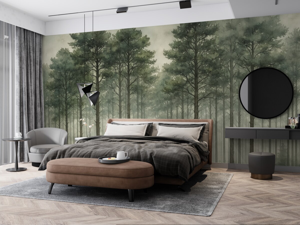 Fototapeta Las w technice akwarelowej, sosny, pejzaż natury, zielenie.