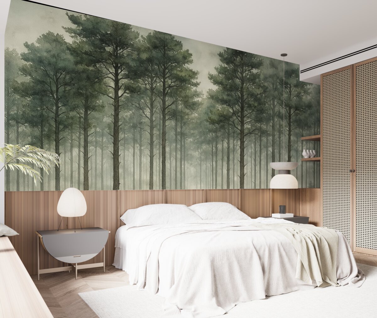 Fototapeta Las w technice akwarelowej, sosny, pejzaż natury, zielenie.