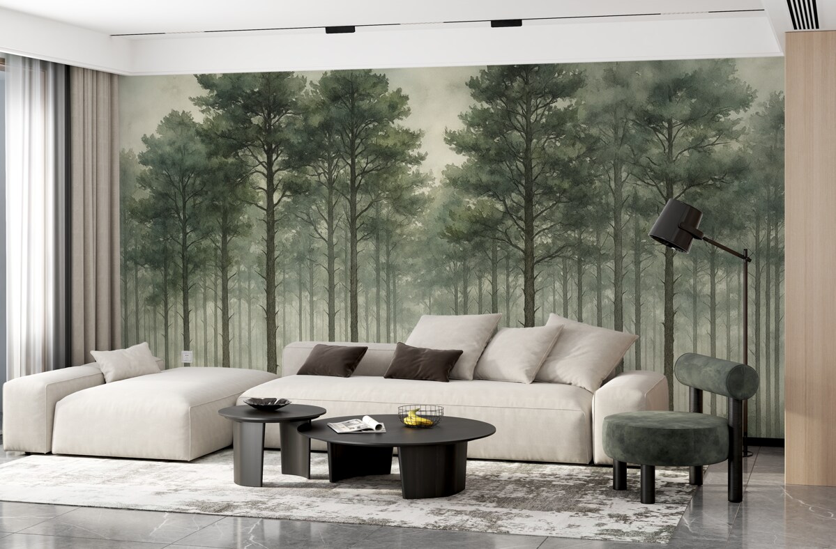 Fototapeta Las w technice akwarelowej, sosny, pejzaż natury, zielenie.