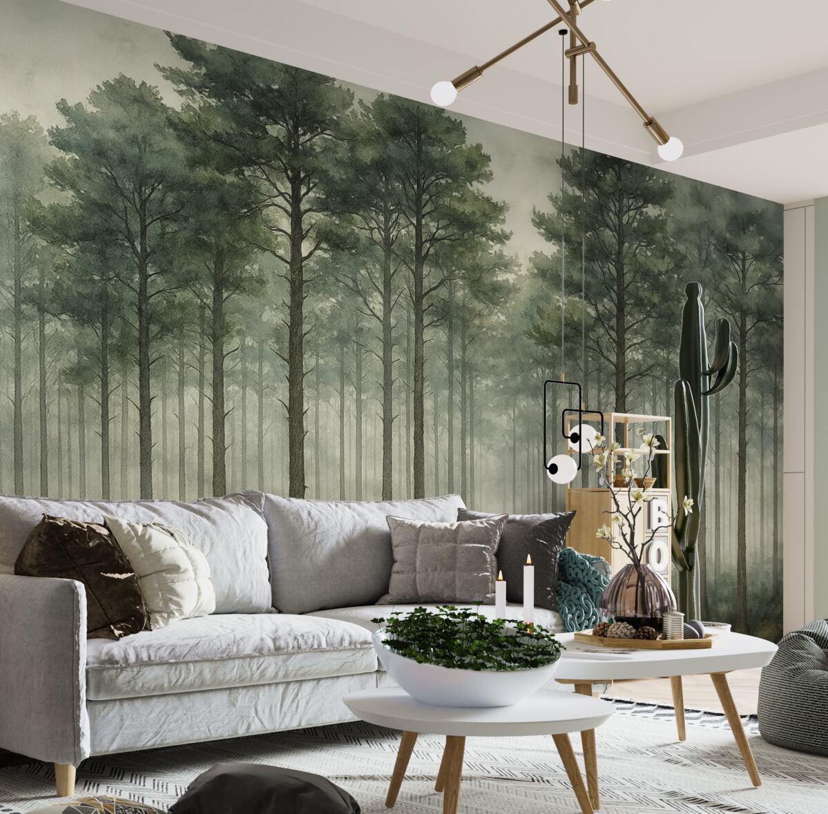 Fototapeta Las w technice akwarelowej, sosny, pejzaż natury, zielenie.