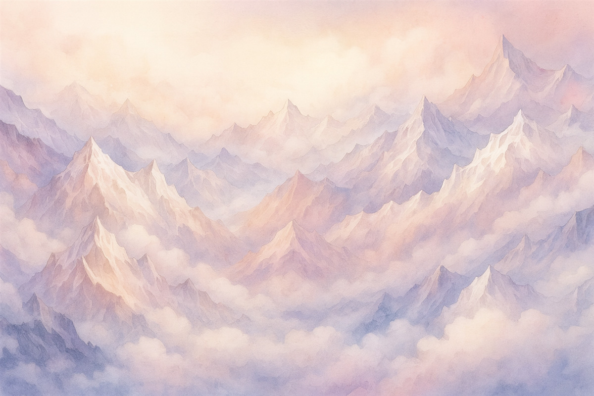 Fototapeta Eteryczne szczyty z chmurami, w stylu akwareli, subtelne fioletowe i różowe odcienie.