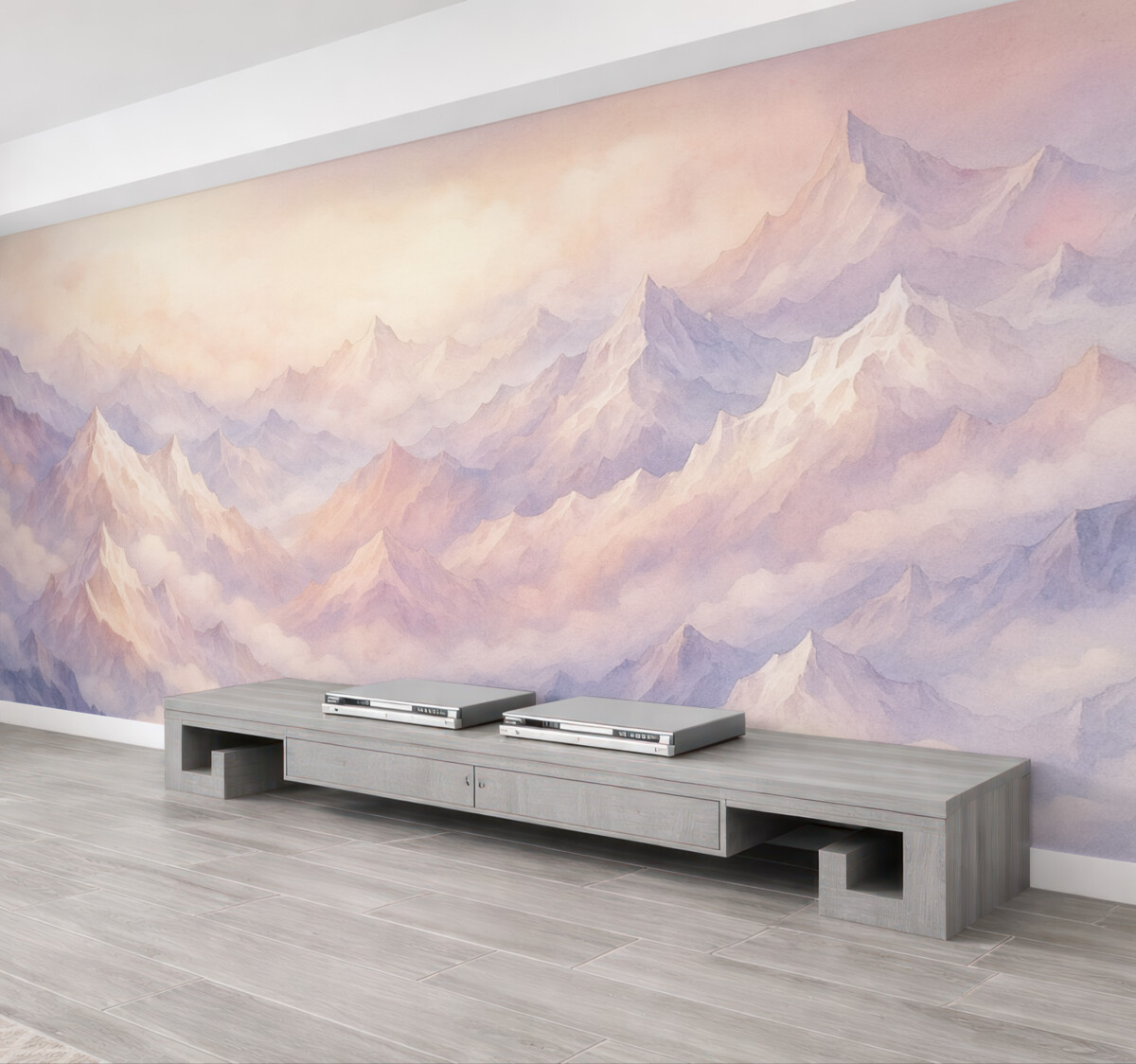 Fototapeta Eteryczne szczyty z chmurami, w stylu akwareli, subtelne fioletowe i różowe odcienie.