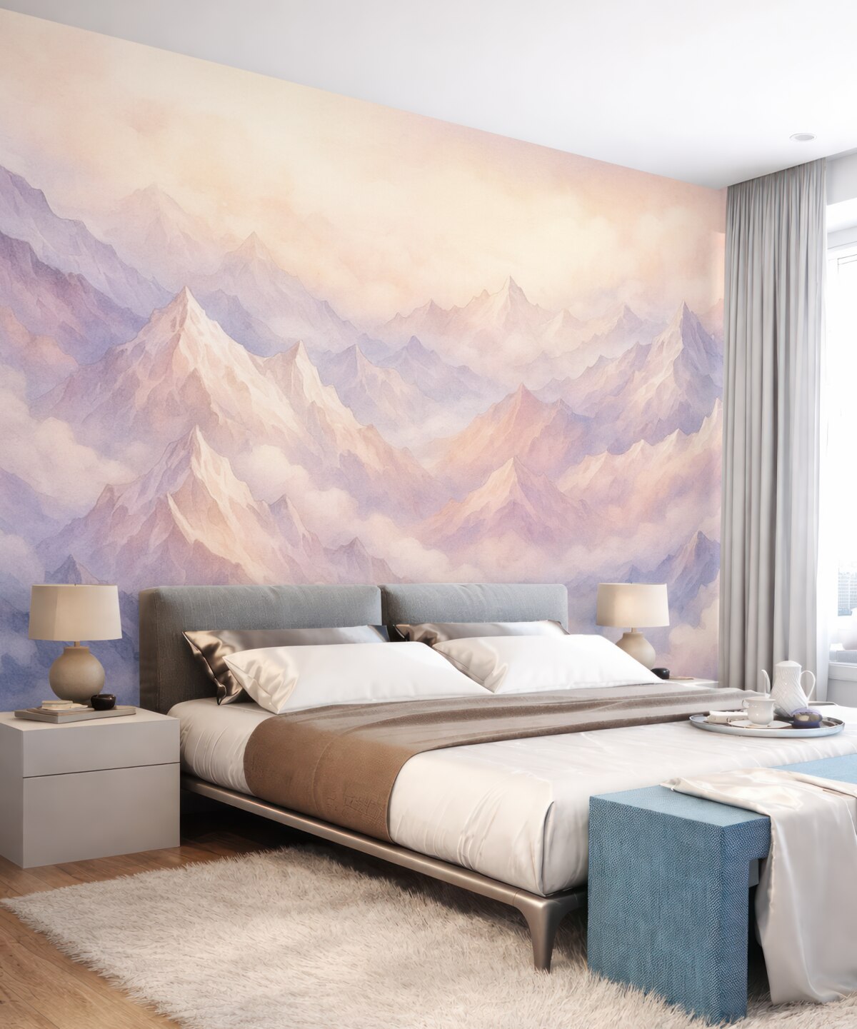 Fototapeta Eteryczne szczyty z chmurami, w stylu akwareli, subtelne fioletowe i różowe odcienie.