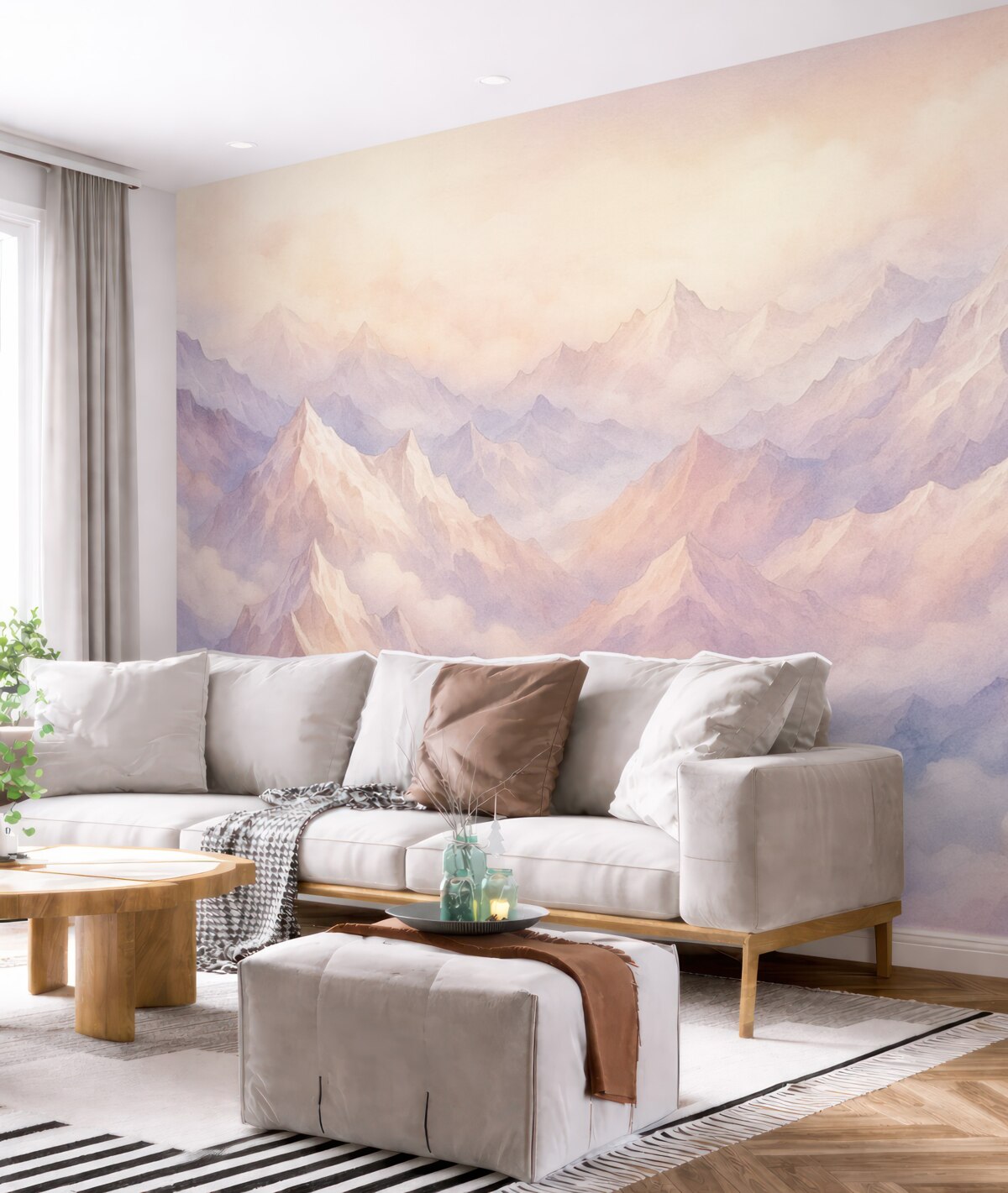 Fototapeta Eteryczne szczyty z chmurami, w stylu akwareli, subtelne fioletowe i różowe odcienie.