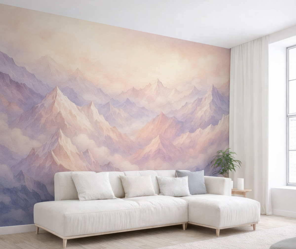 Fototapeta Eteryczne szczyty z chmurami, w stylu akwareli, subtelne fioletowe i różowe odcienie.