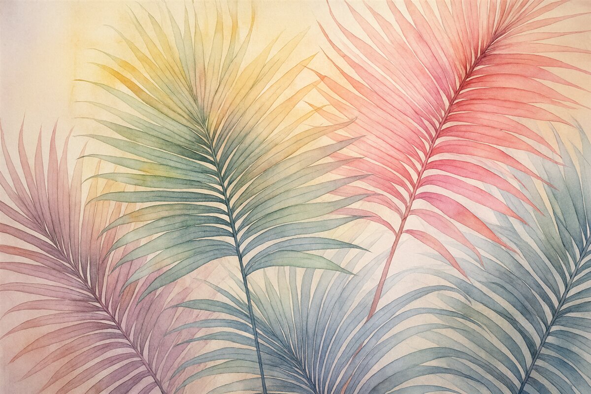 Fototapeta Wielobarwne liście palmowe naśladujące akwarelę.