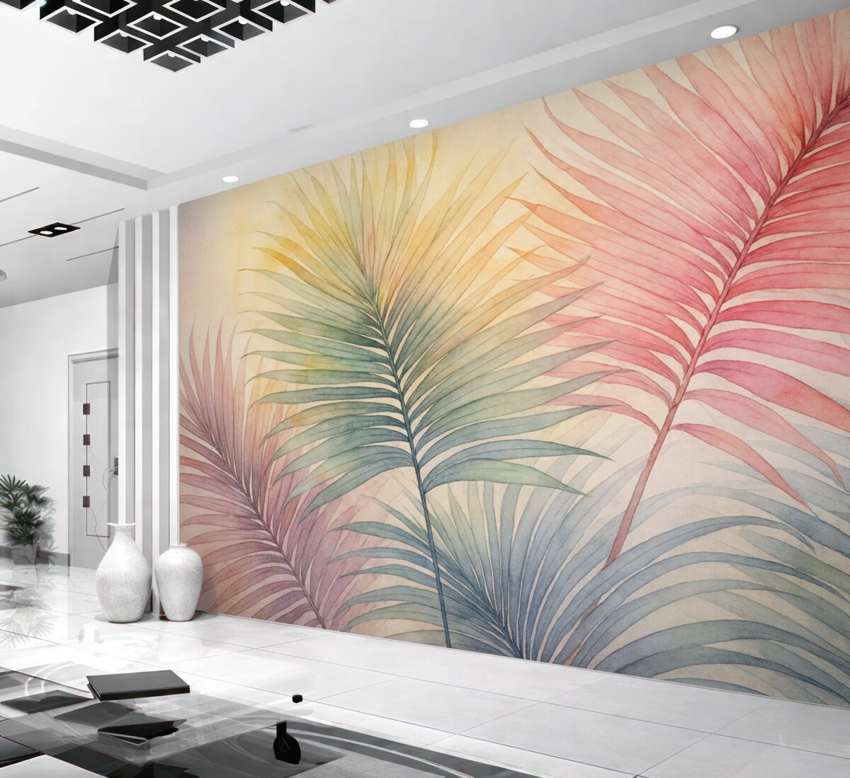 Fototapeta Wielobarwne liście palmowe naśladujące akwarelę.