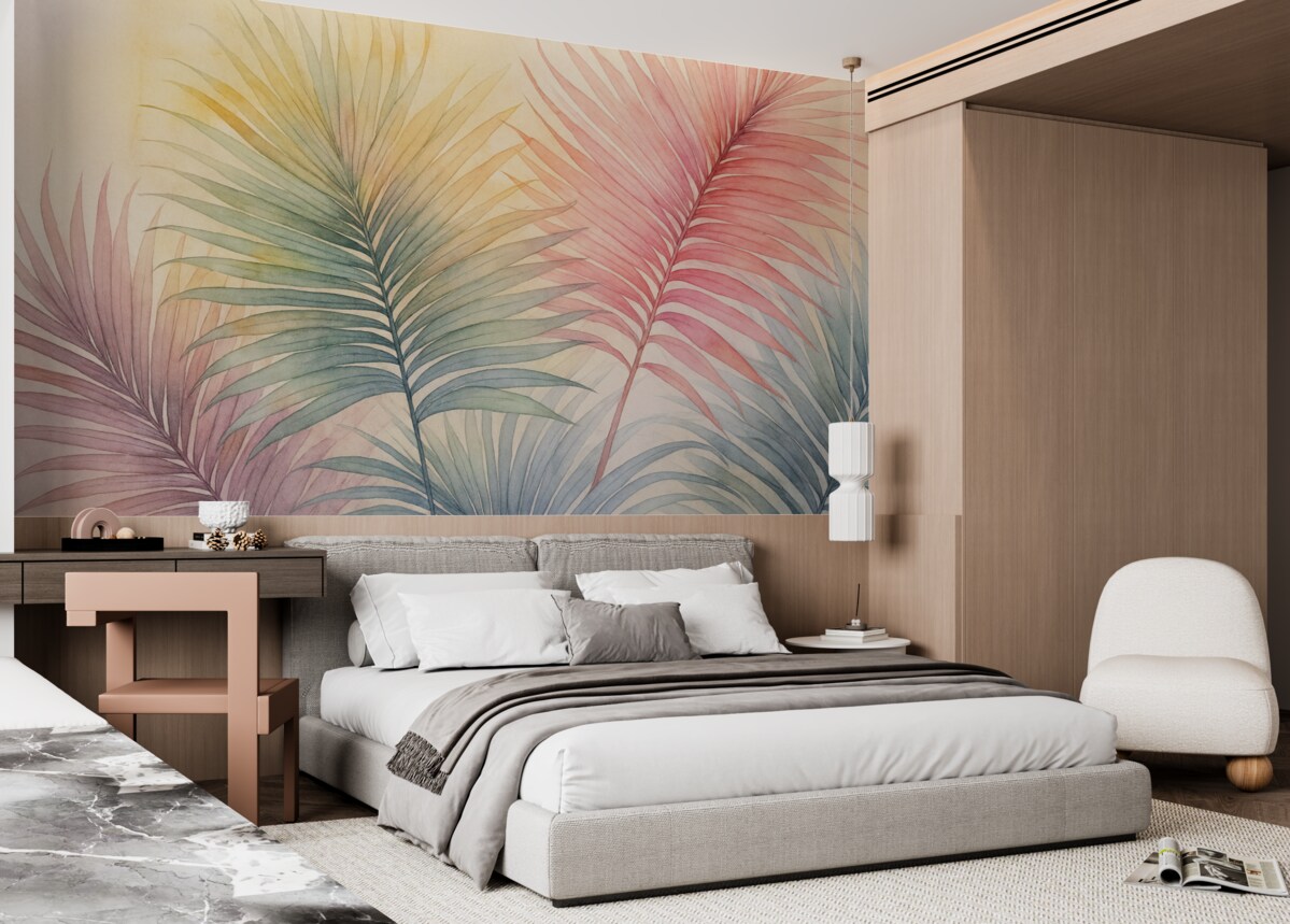 Fototapeta Wielobarwne liście palmowe naśladujące akwarelę.