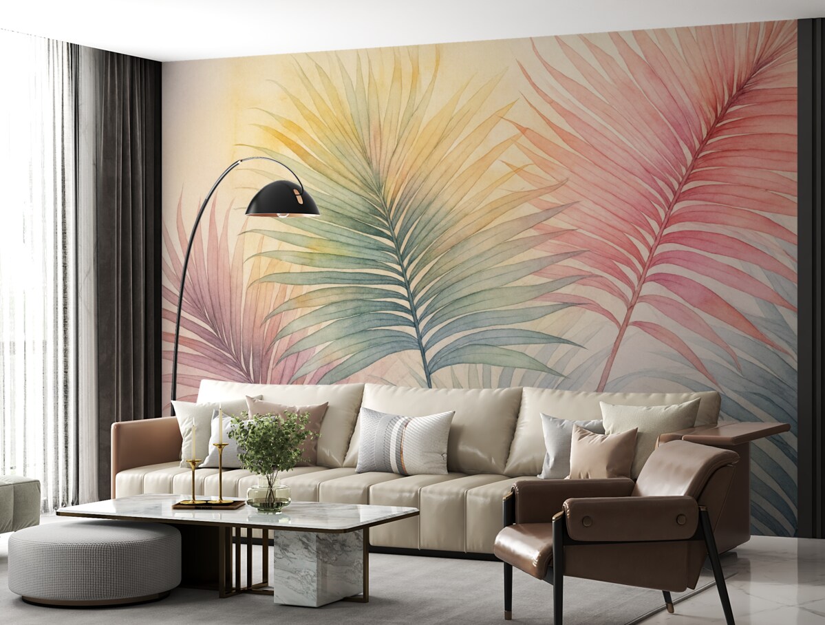 Fototapeta Wielobarwne liście palmowe naśladujące akwarelę.