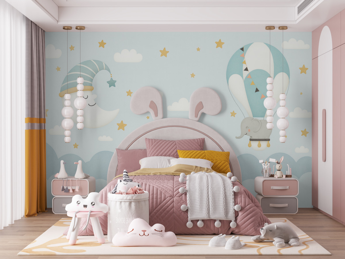 Fototapeta Słoń na balonie w niebieskich chmurach.