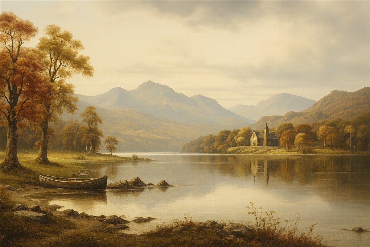 Fototapeta Pejzaż w akwareli stworzony w ciepłych odcieniach.