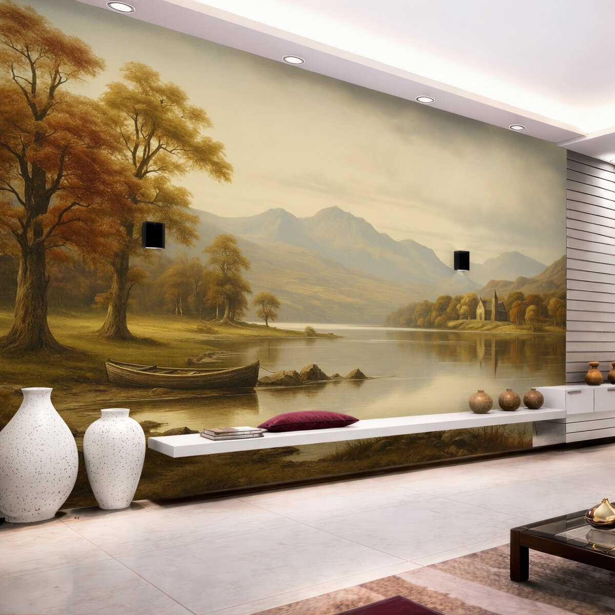 Fototapeta Pejzaż w akwareli stworzony w ciepłych odcieniach.