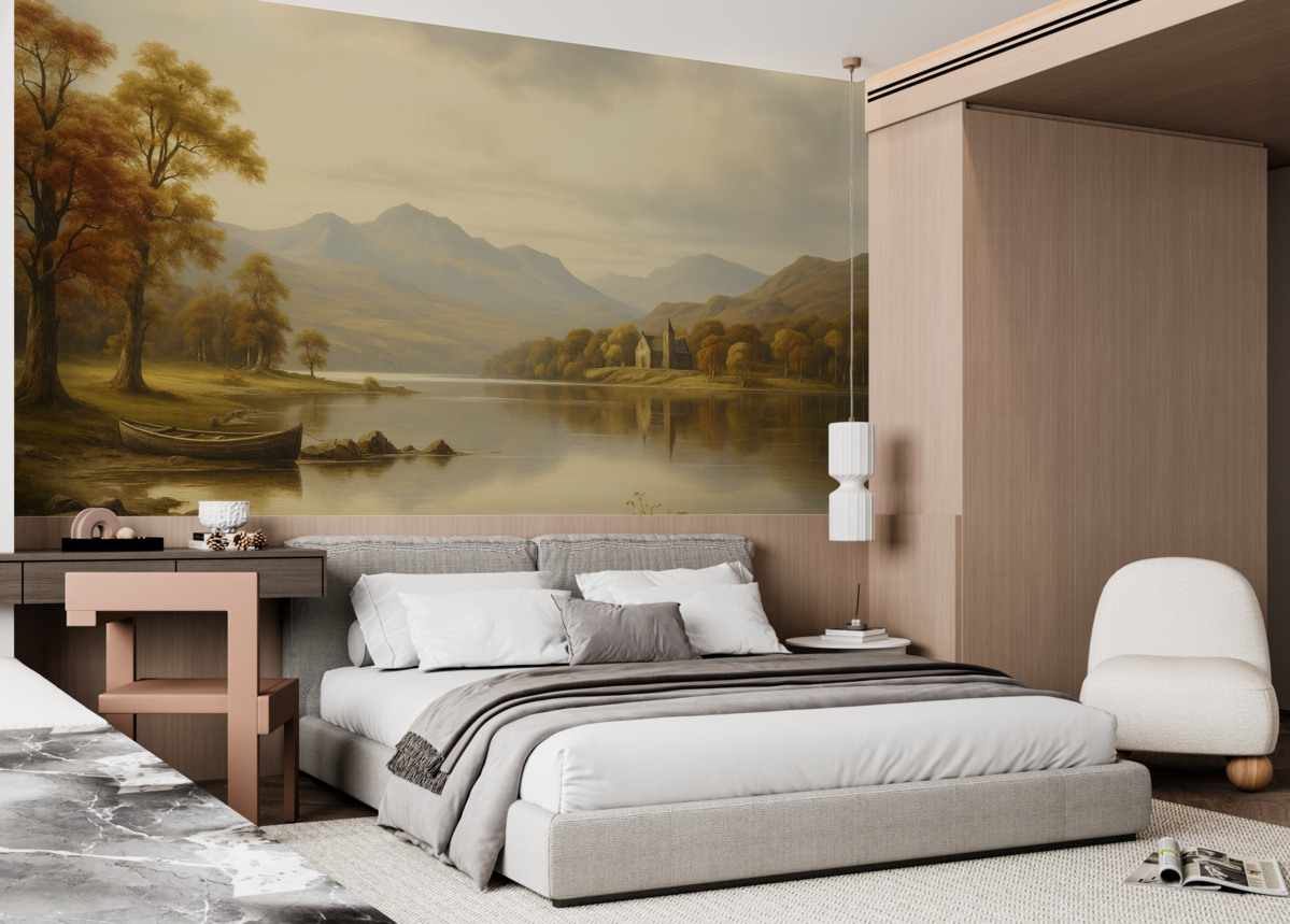 Fototapeta Pejzaż w akwareli stworzony w ciepłych odcieniach.