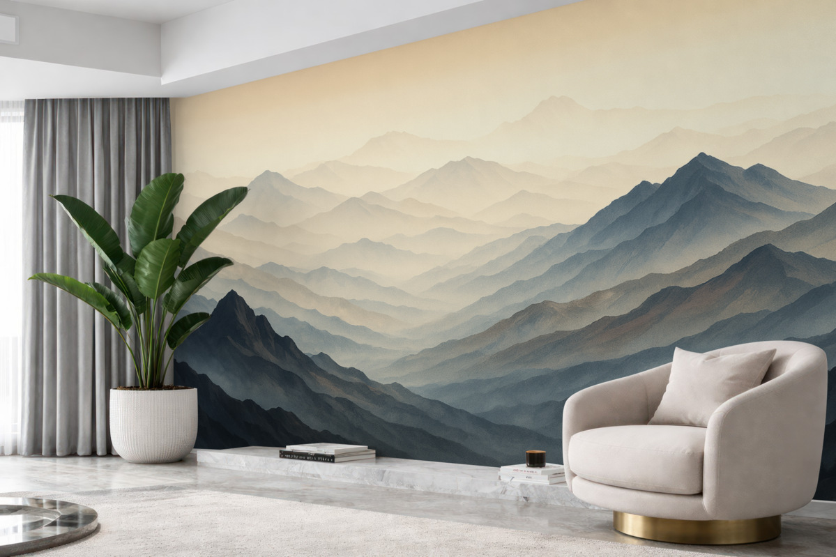 Fototapeta Zamglony pejzaż z górami.