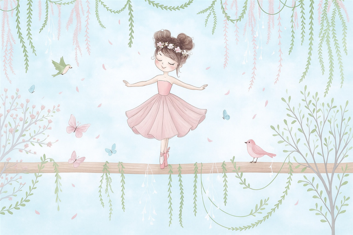 Fototapeta Pejzaż z księżniczką otoczoną ptakami i motylami.