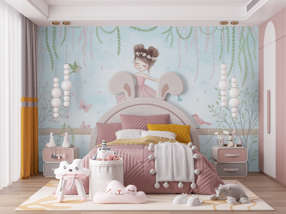 Fototapeta Pejzaż z księżniczką otoczoną ptakami i motylami.