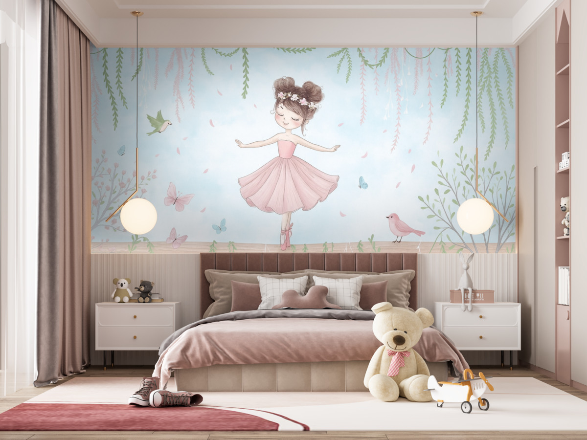 Fototapeta Pejzaż z księżniczką otoczoną ptakami i motylami.