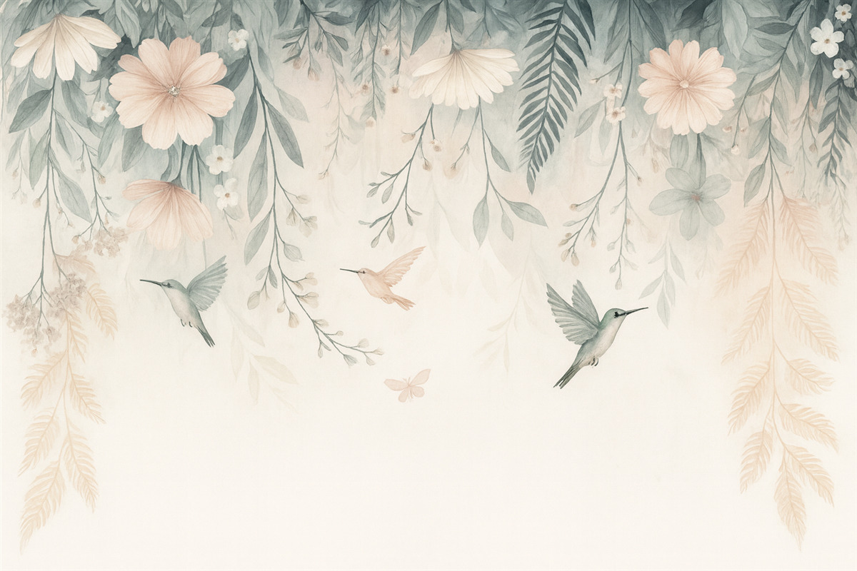 Fototapeta Różowe kwiaty naśladujące technikę malarską opadające z góry.