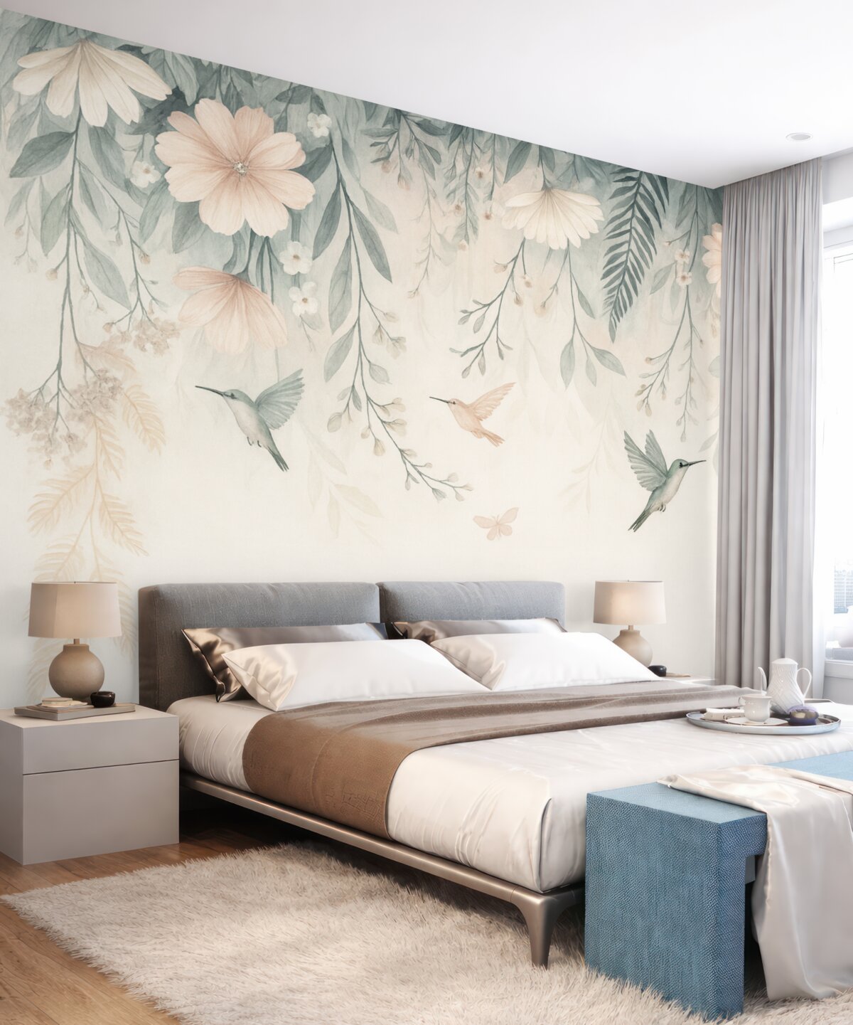 Fototapeta Różowe kwiaty naśladujące technikę malarską opadające z góry.