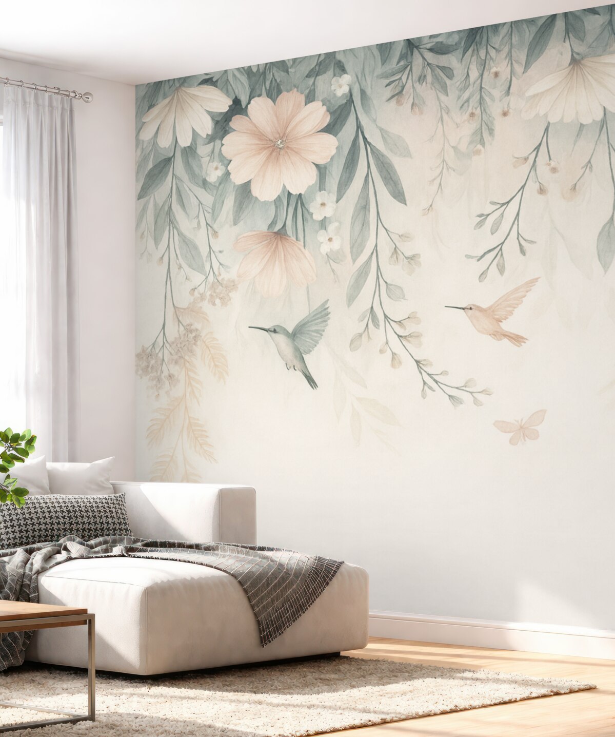 Fototapeta Różowe kwiaty naśladujące technikę malarską opadające z góry.