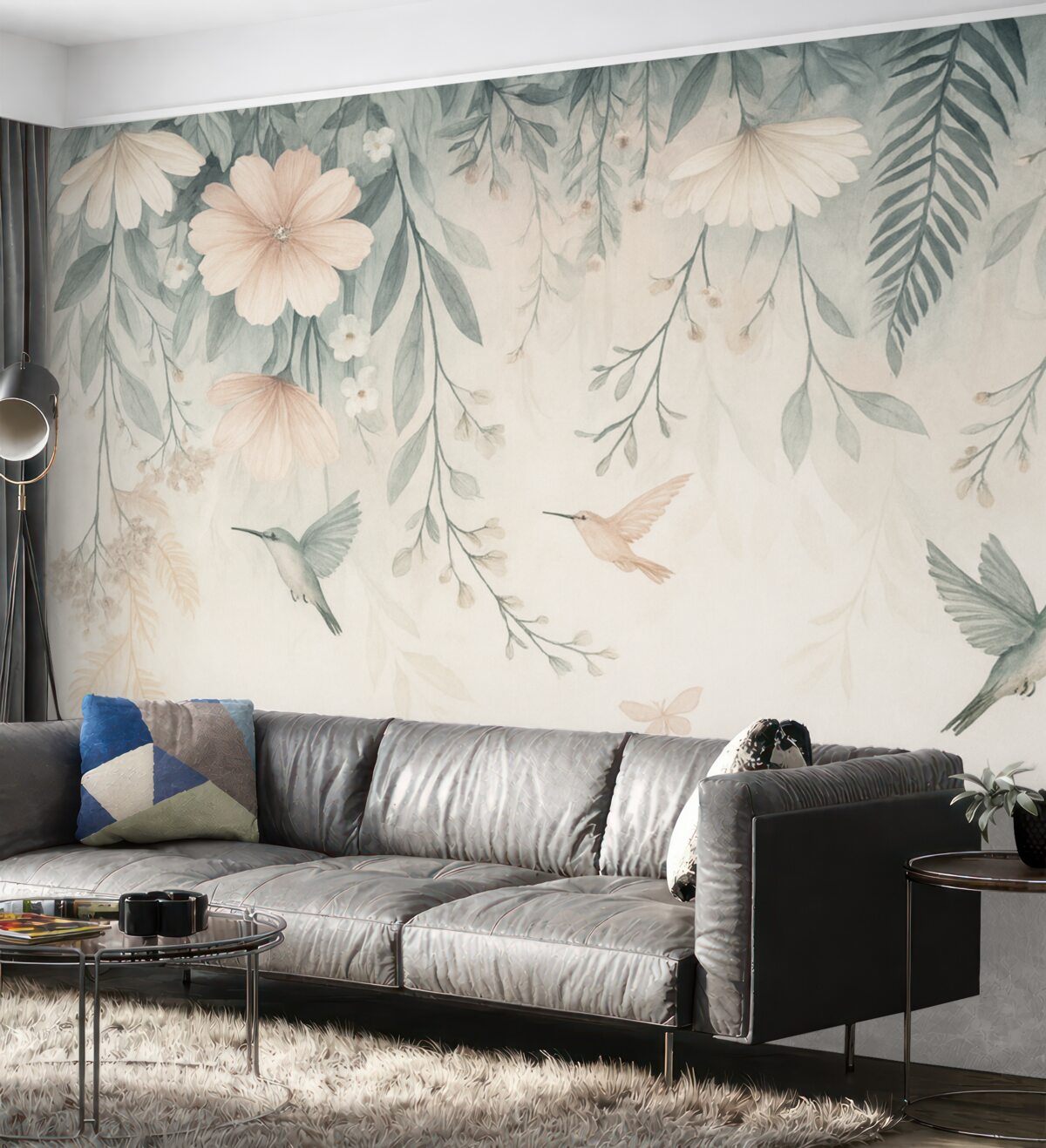 Fototapeta Różowe kwiaty naśladujące technikę malarską opadające z góry.