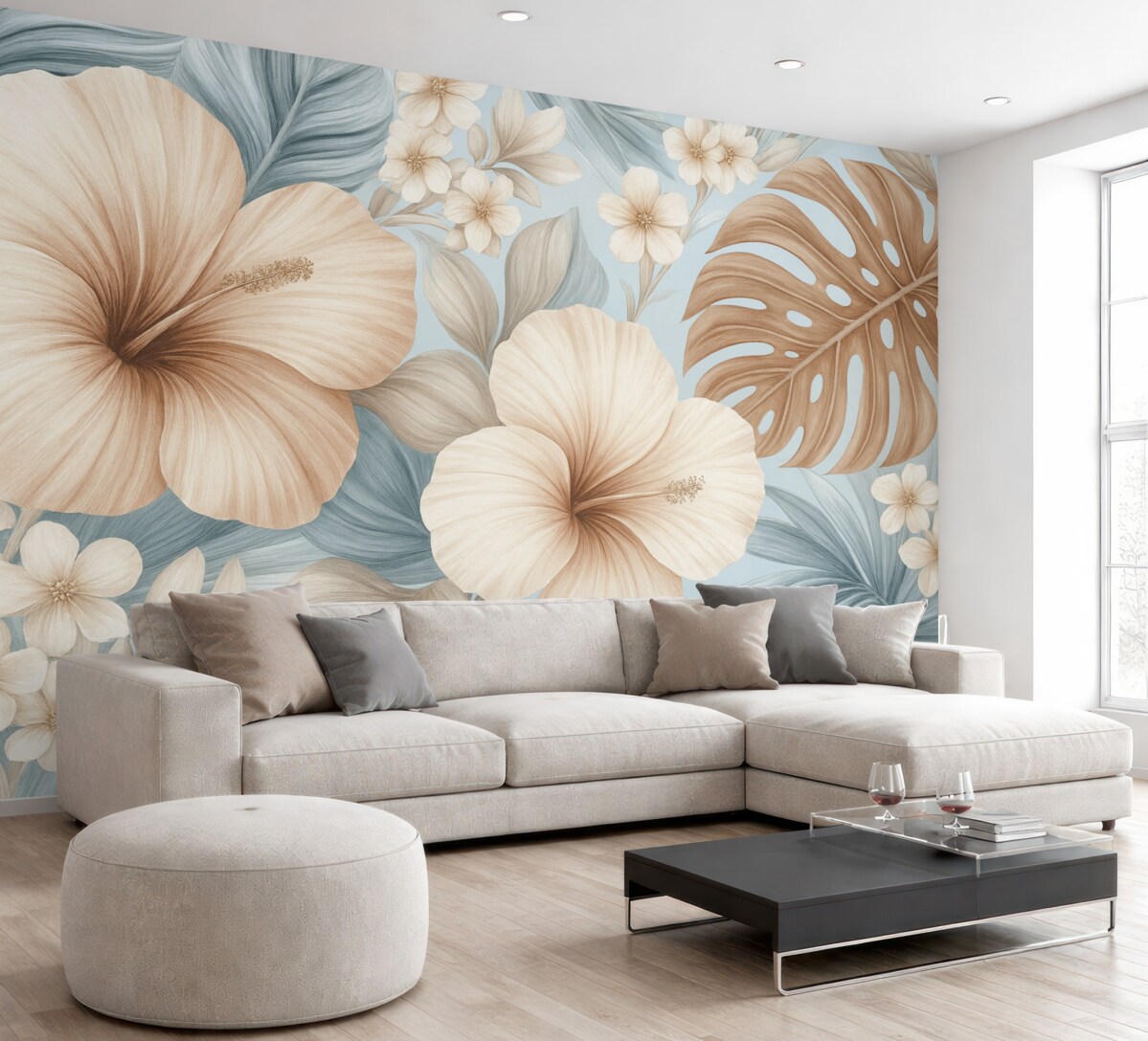 Fototapeta Tropikalny wzór z dużymi liśćmi i kwiatami w stonowanych odcieniach niebieskiego oraz beżu.