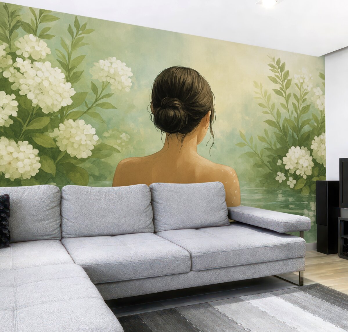 Fototapeta Cicha i marzycielska ilustracja botaniczna ukazująca kobietę relaksującą się w spokojnym, odbijającym światło zbiorniku wodnym, otoczoną gęstą zielenią i subtelnymi białymi kwiatami.