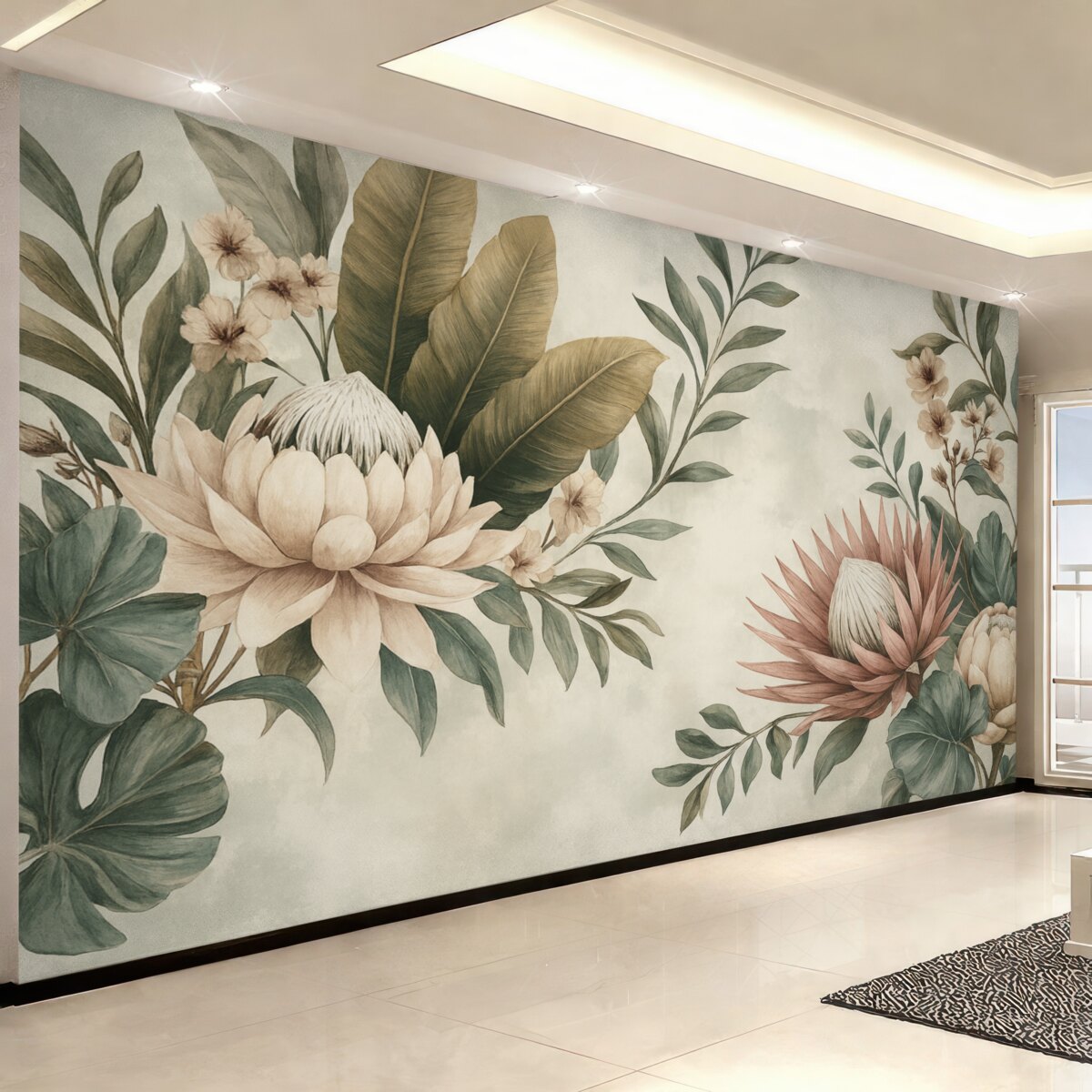 Fototapeta Egzotyczne rośliny, palmy i kwi stylizowane na vintage.