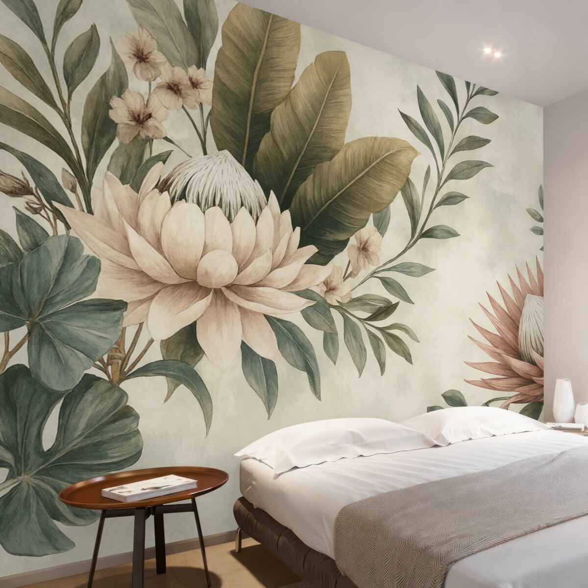 Fototapeta Egzotyczne rośliny, palmy i kwi stylizowane na vintage.