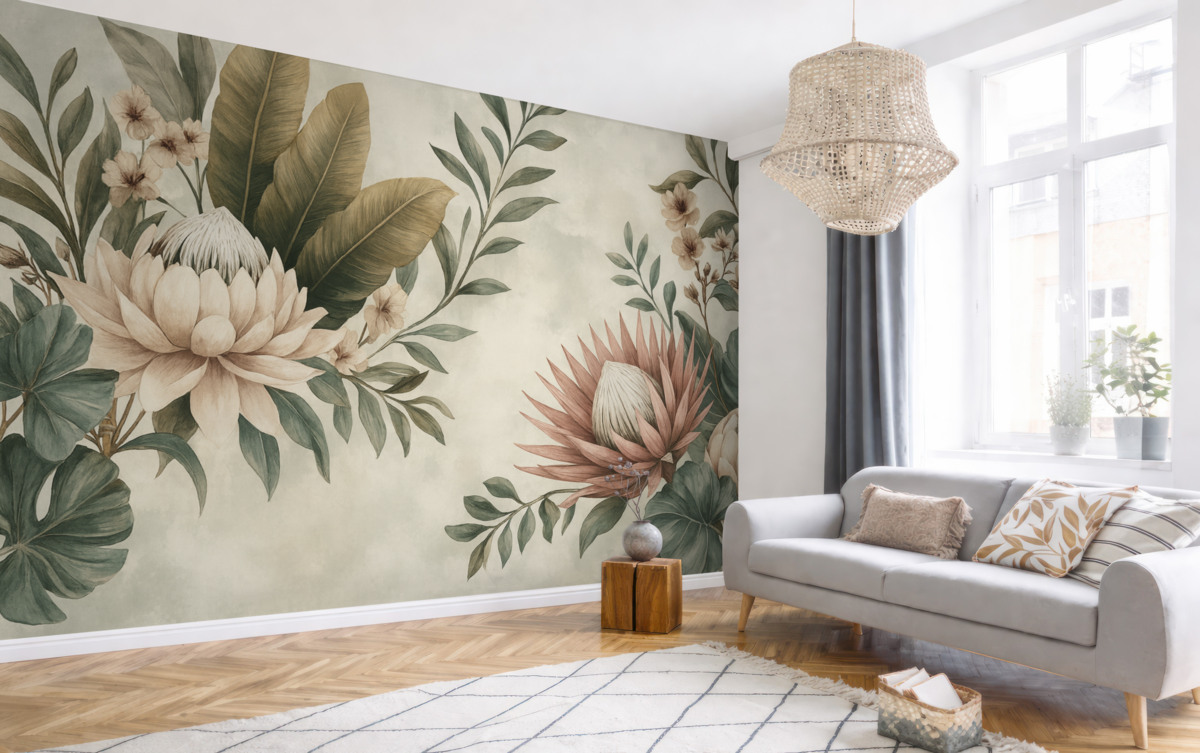 Fototapeta Egzotyczne rośliny, palmy i kwi stylizowane na vintage.