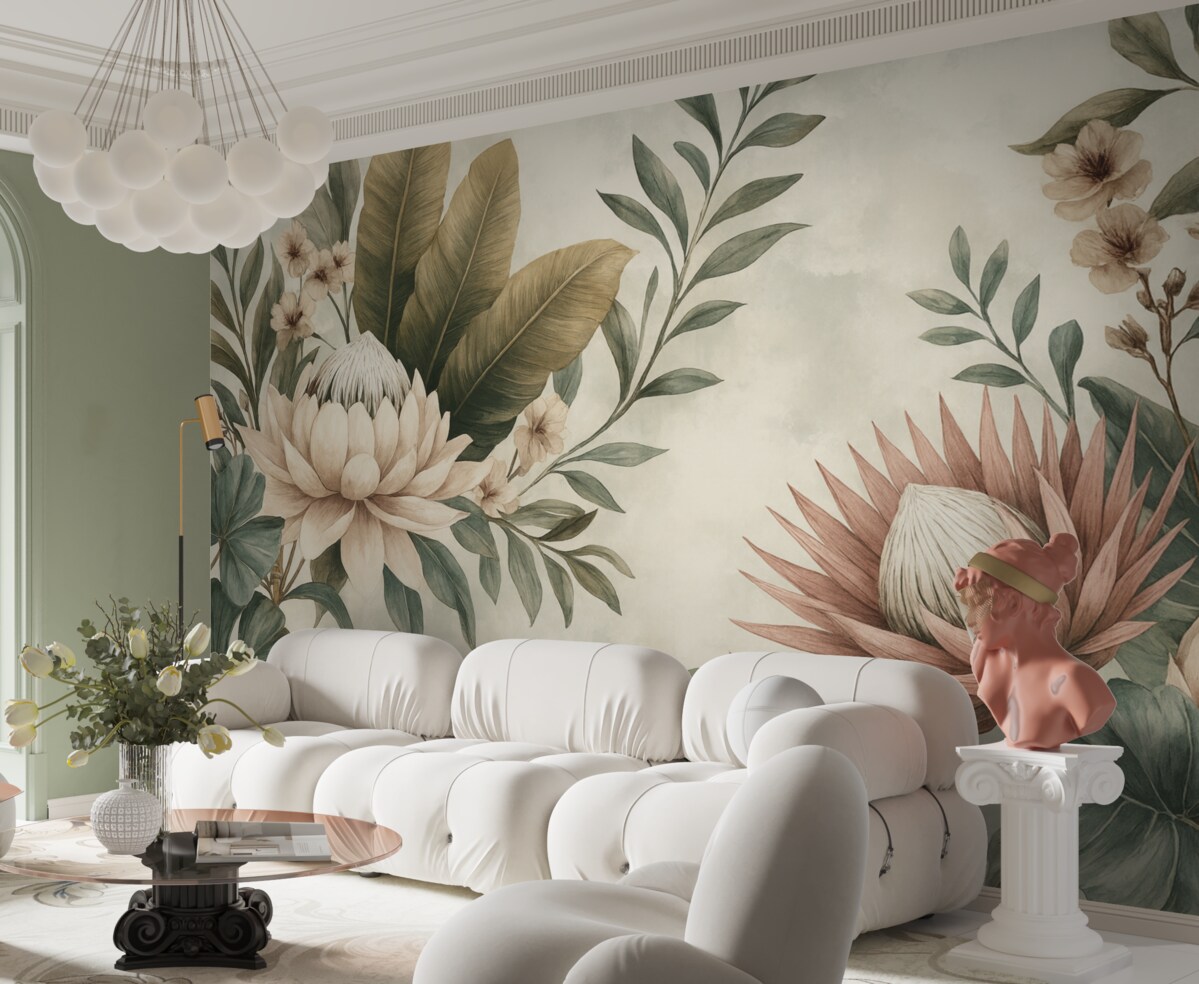 Fototapeta Egzotyczne rośliny, palmy i kwi stylizowane na vintage.