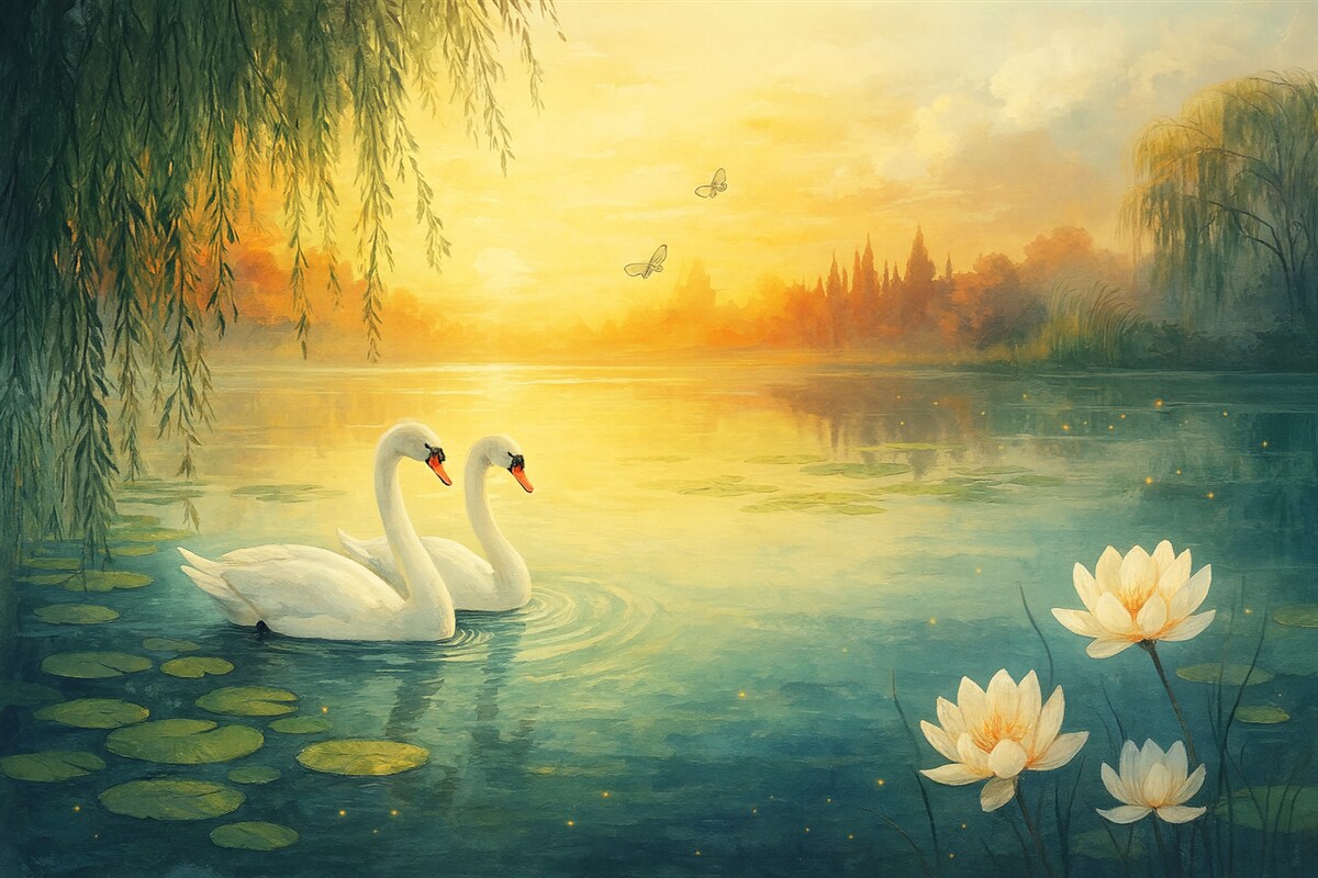 Fototapeta Romantyczny pejzaż w stylu sztuki olejnej z dwoma białymi łabędziami na wodzie.