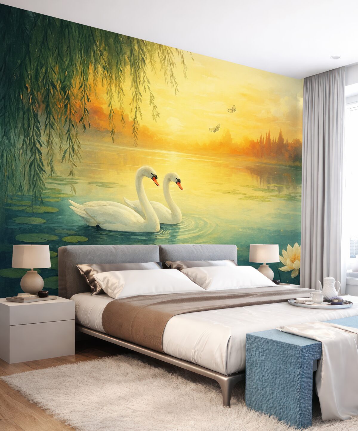 Fototapeta Romantyczny pejzaż w stylu sztuki olejnej z dwoma białymi łabędziami na wodzie.