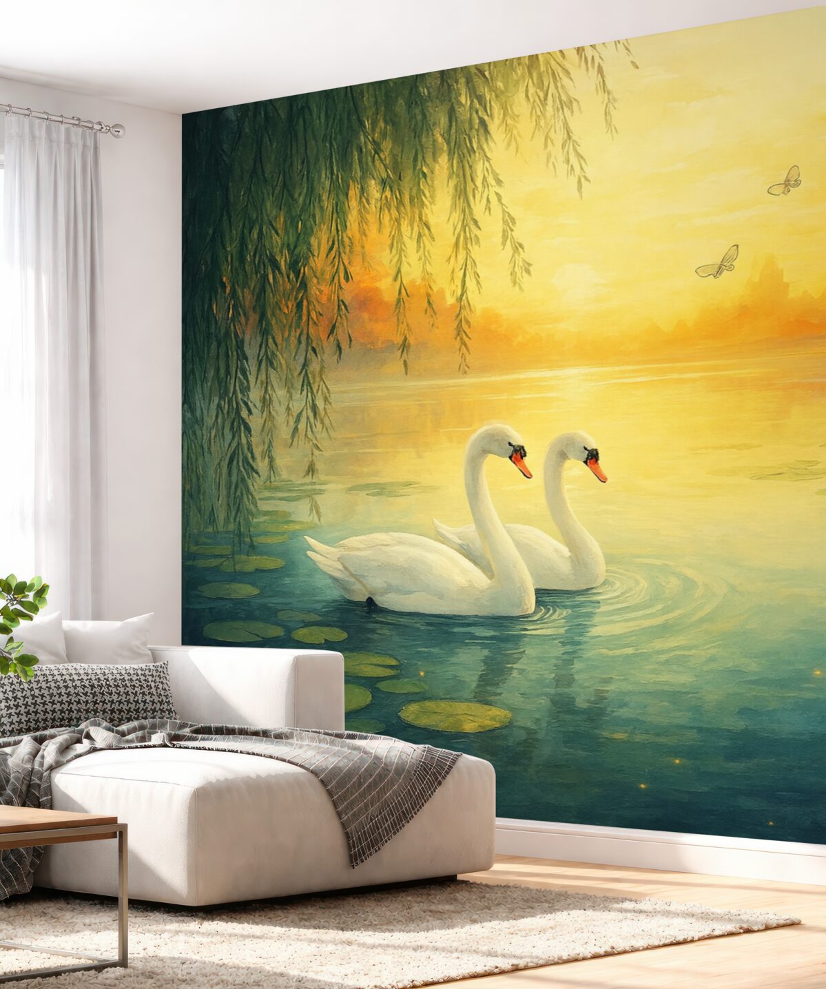 Fototapeta Romantyczny pejzaż w stylu sztuki olejnej z dwoma białymi łabędziami na wodzie.