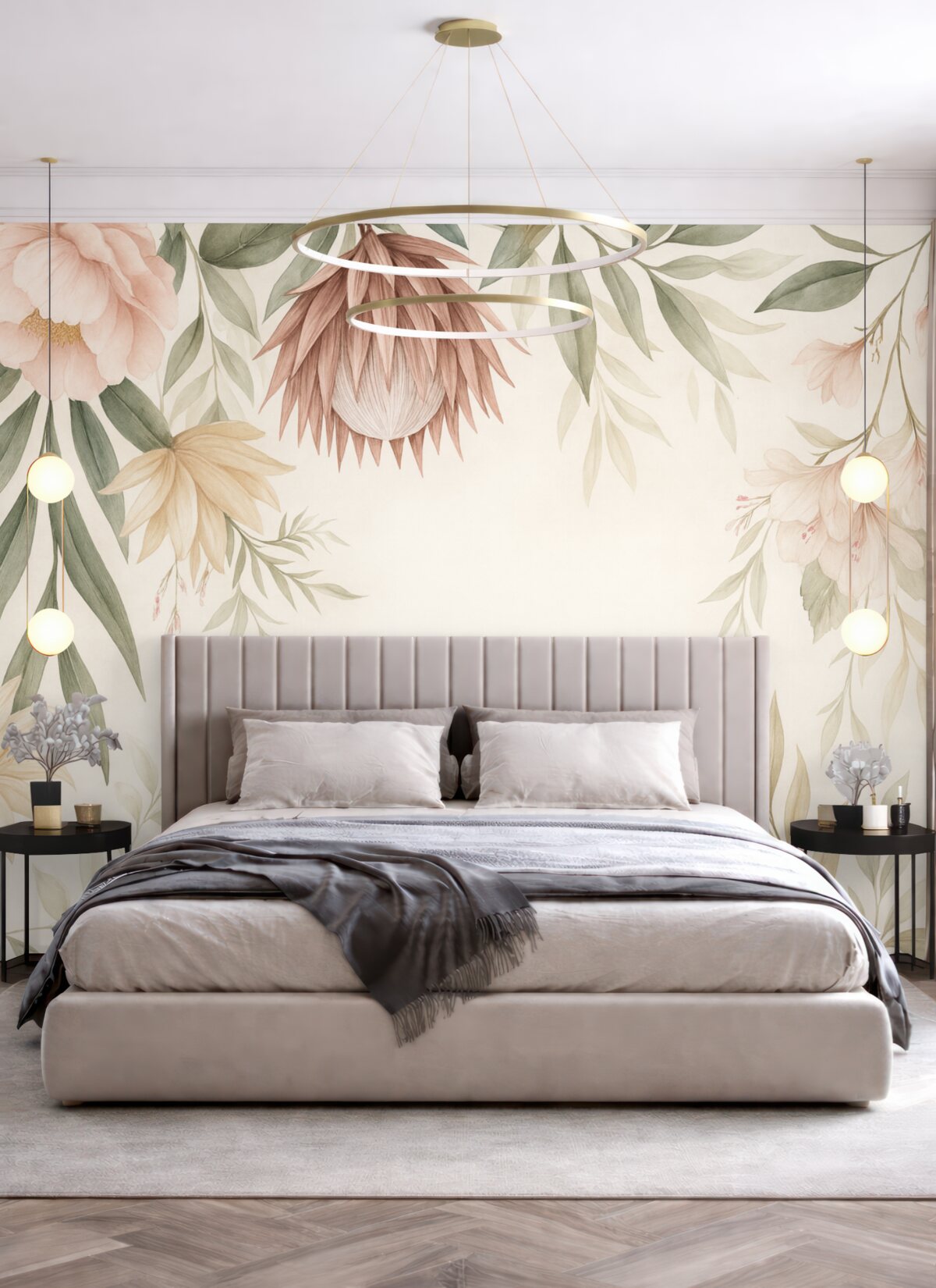 Fototapeta Kwiat protei pośród różnych liści oraz roślin w ciepłych tonacjach beżu i zieleni.