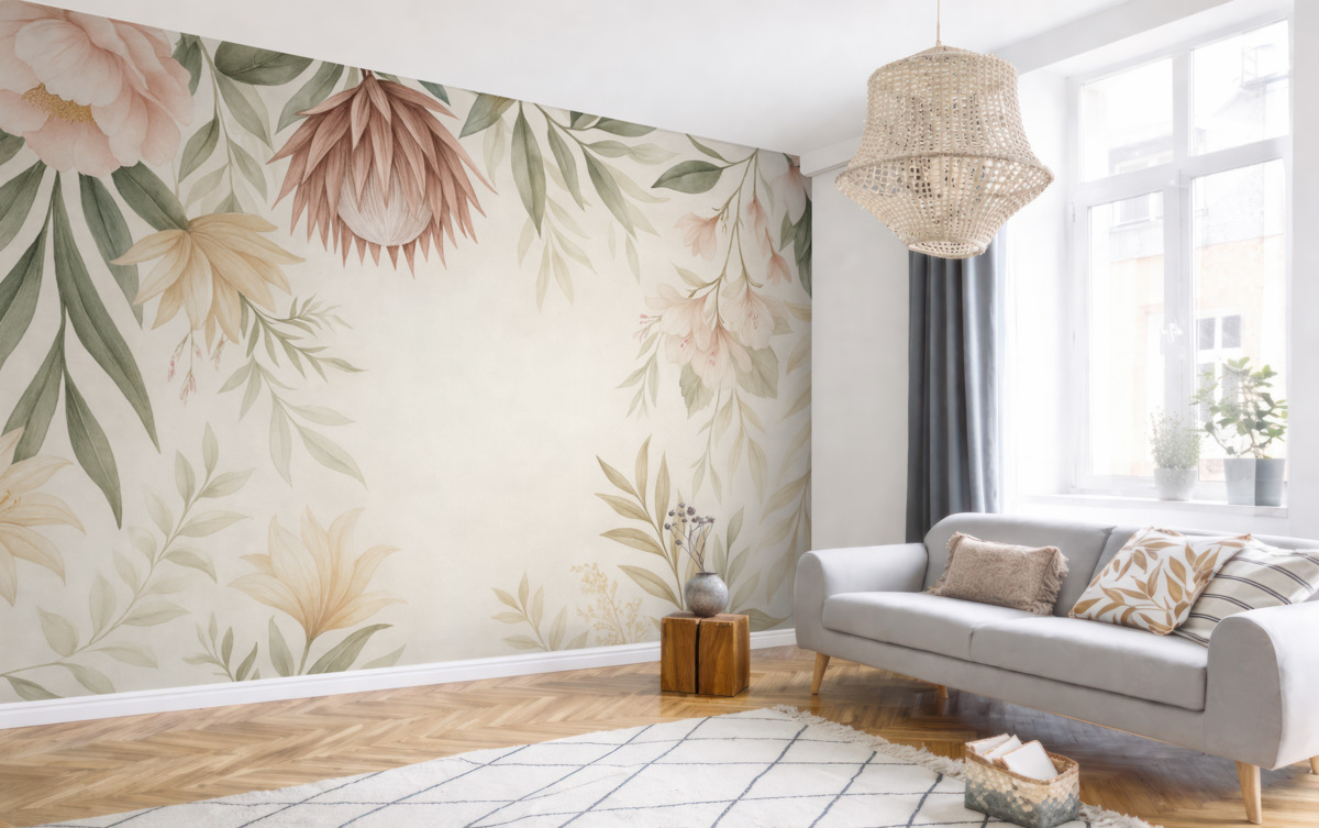 Fototapeta Kwiat protei pośród różnych liści oraz roślin w ciepłych tonacjach beżu i zieleni.