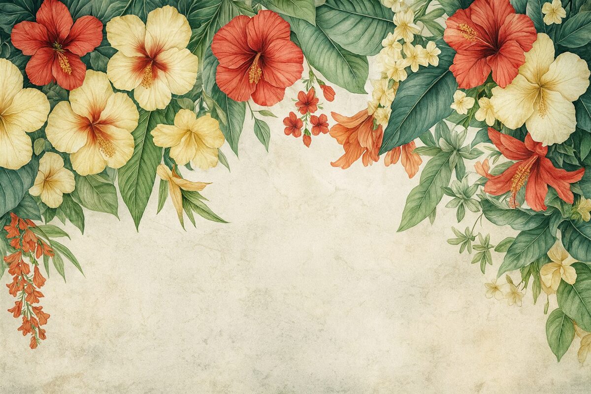 Fototapeta Tropikalne kwiaty oraz rośliny zwisające z góry na wzorzystym tle.