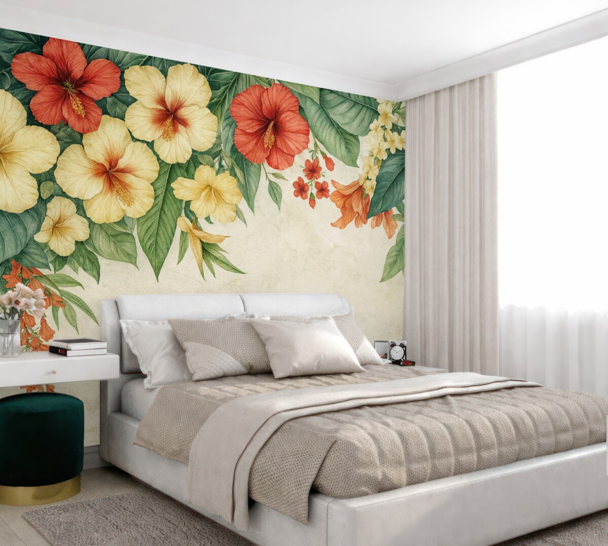 Fototapeta Tropikalne kwiaty oraz rośliny zwisające z góry na wzorzystym tle.