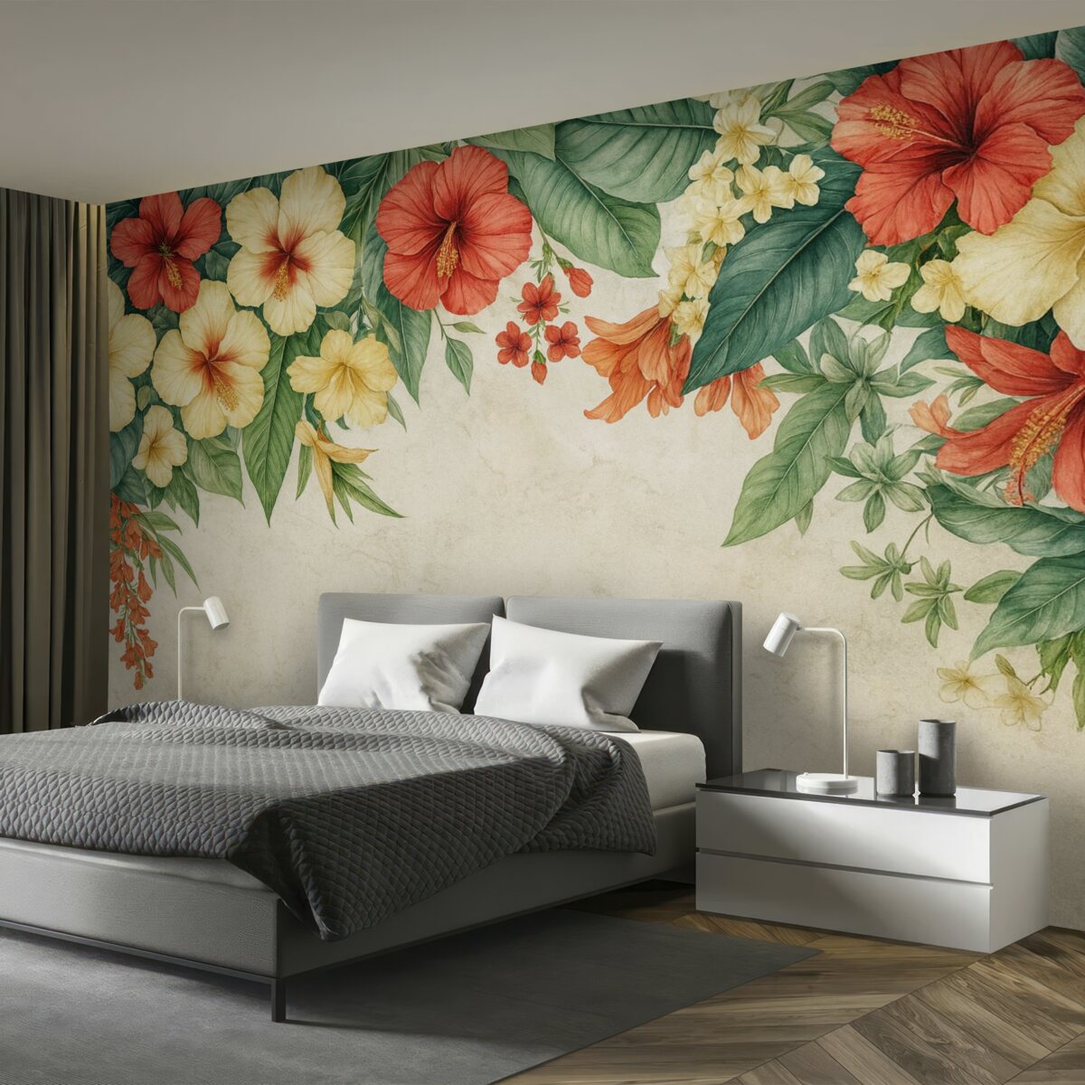 Fototapeta Tropikalne kwiaty oraz rośliny zwisające z góry na wzorzystym tle.